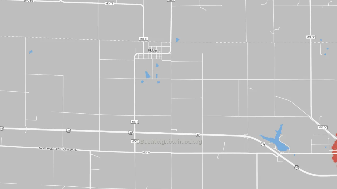Walk Grade map of Kidder, MO, walkable areas in green and car-dependent areas in red