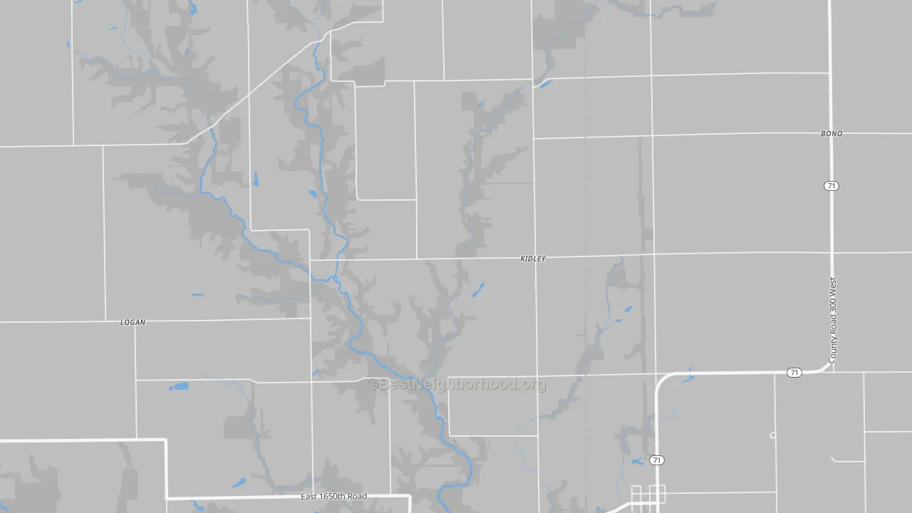 Walk Grade map of Kidley, IL, walkable areas in green and car-dependent areas in red