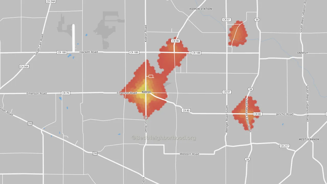 Walk Grade map of Kidron, OH, walkable areas in green and car-dependent areas in red