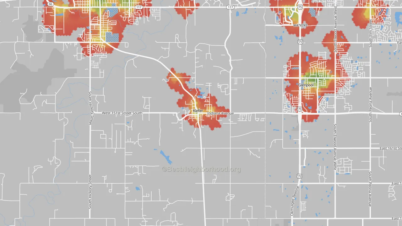 Walk Grade map of Kiefer, OK, walkable areas in green and car-dependent areas in red