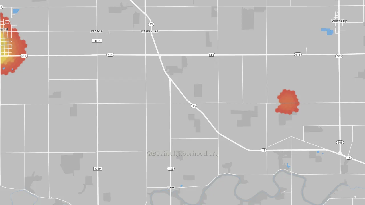 Walk Grade map of Kieferville, OH, walkable areas in green and car-dependent areas in red