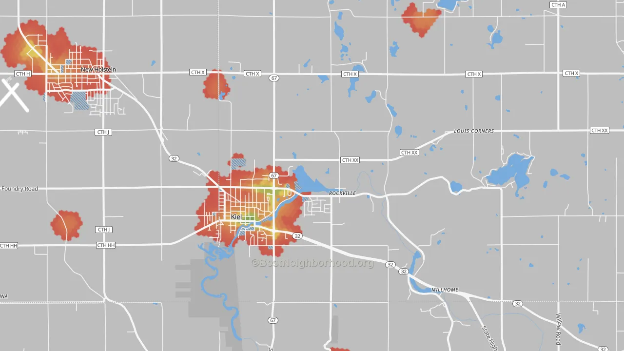Walk Grade map of Kiel, WI, walkable areas in green and car-dependent areas in red