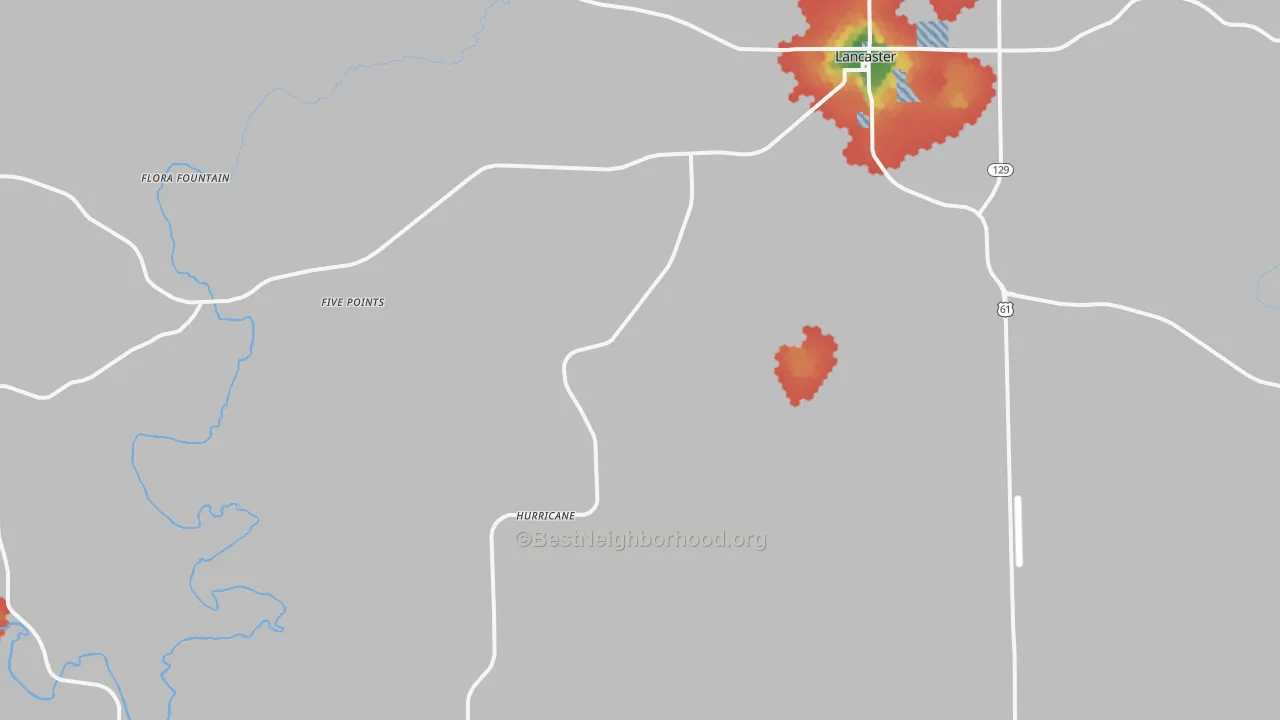 Walk Grade map of Kieler, WI, walkable areas in green and car-dependent areas in red