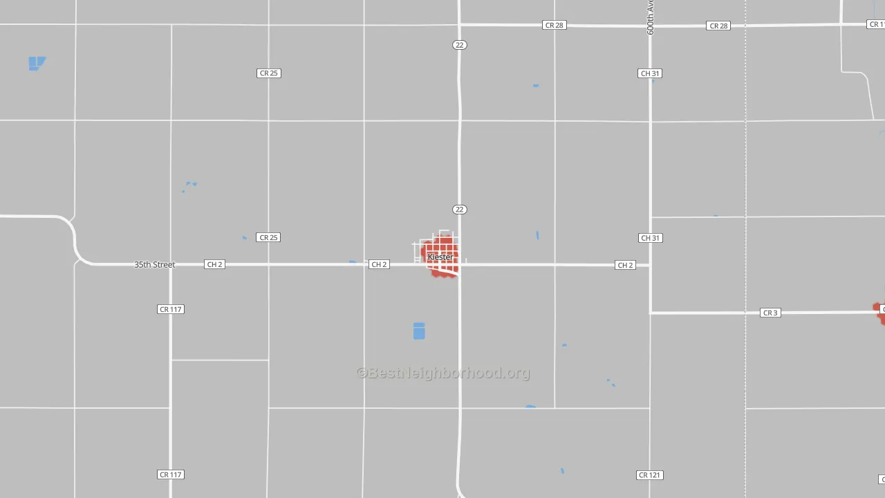 Walk Grade map of Kiester, MN, walkable areas in green and car-dependent areas in red