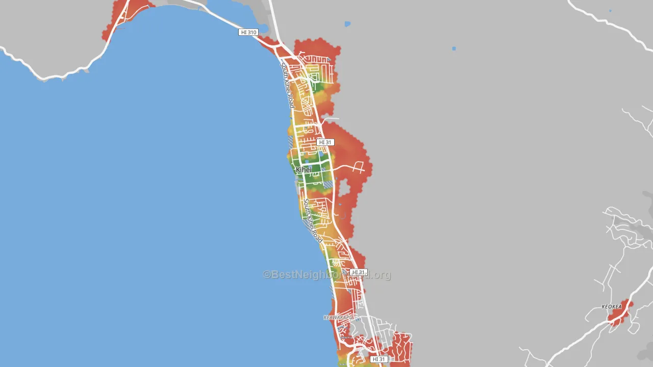 Walk Grade map of Kihei, HI, walkable areas in green and car-dependent areas in red