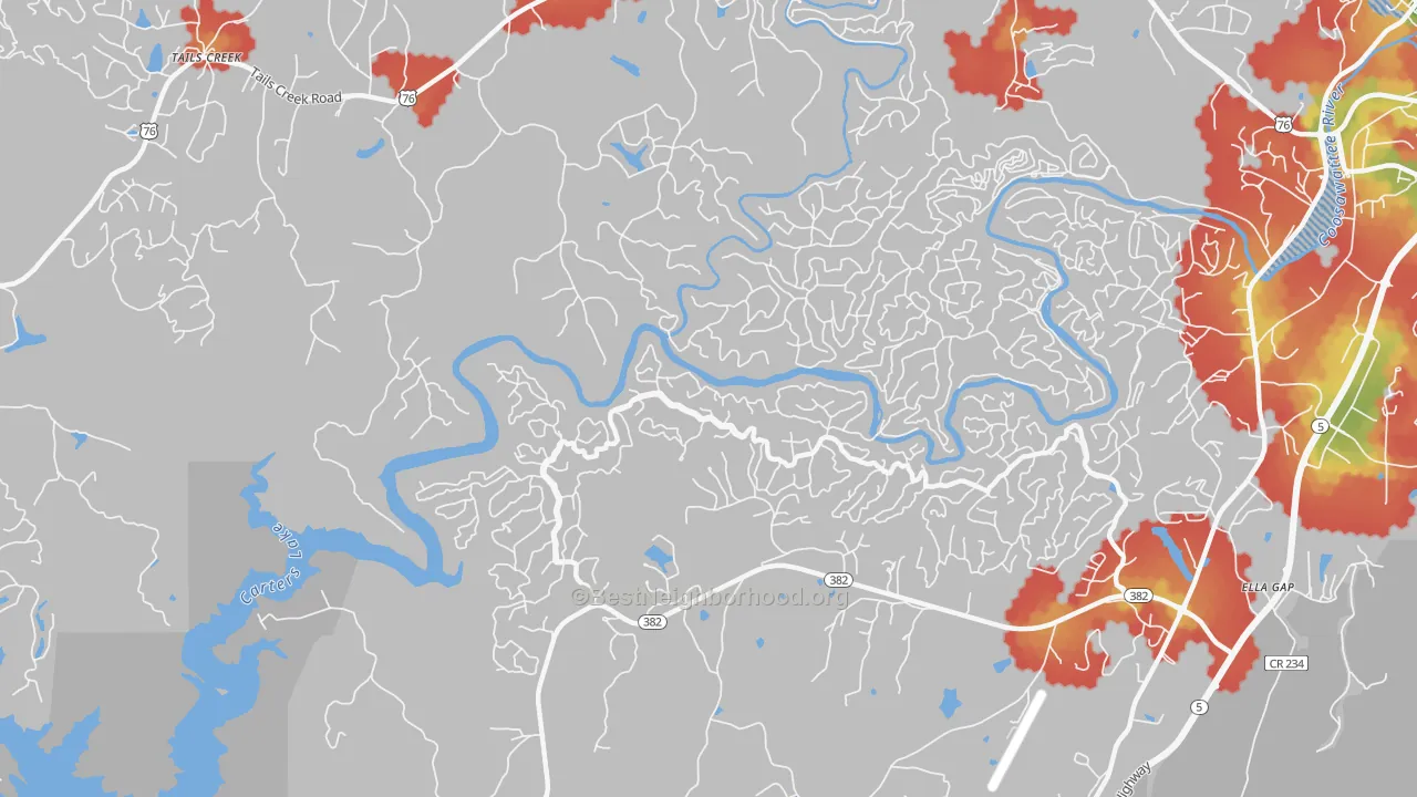 Walk Grade map of Kiker, GA, walkable areas in green and car-dependent areas in red