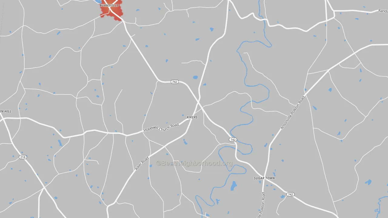 Walk Grade map of Kikers, NC, walkable areas in green and car-dependent areas in red