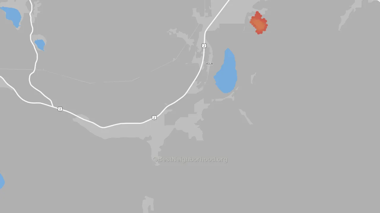 Walk Grade map of Kila, MT, walkable areas in green and car-dependent areas in red