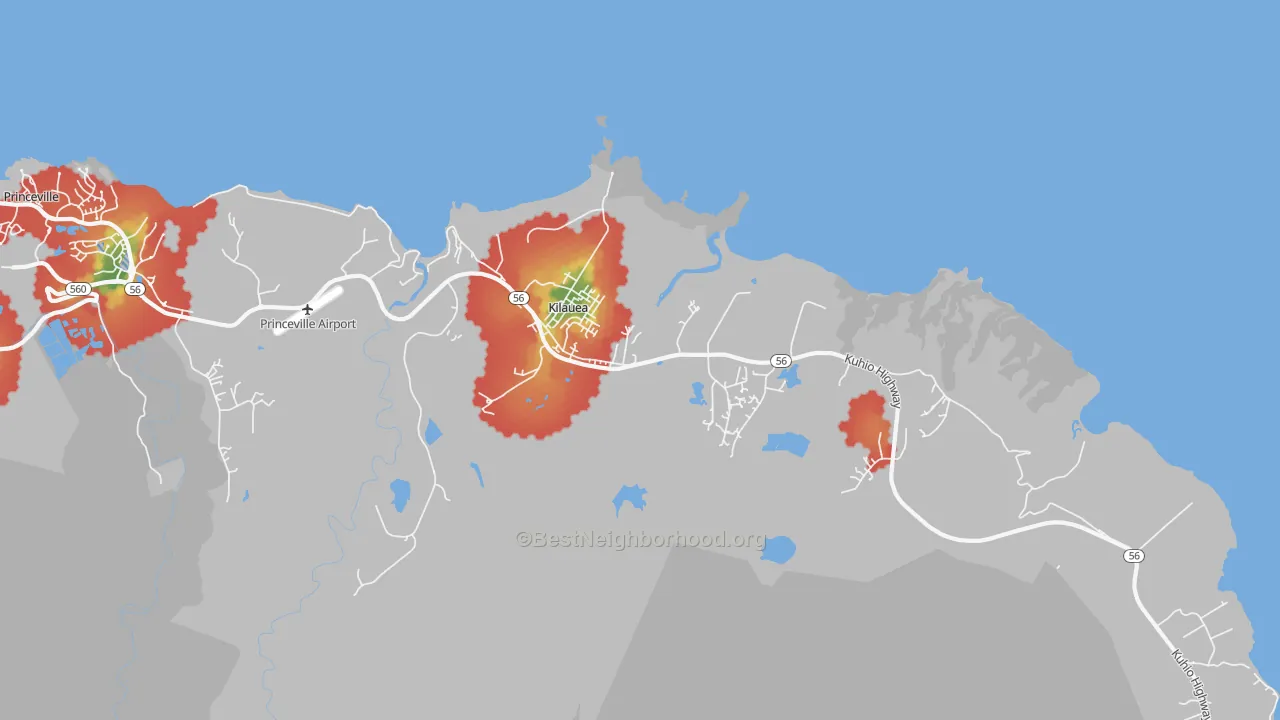 Walk Grade map of Kilauea, HI, walkable areas in green and car-dependent areas in red