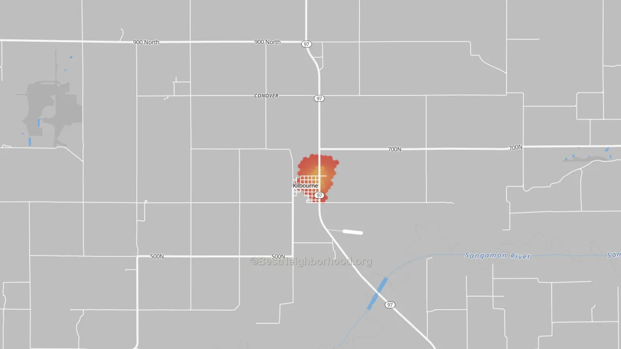 Walk Grade map of Kilbourne, IL, walkable areas in green and car-dependent areas in red