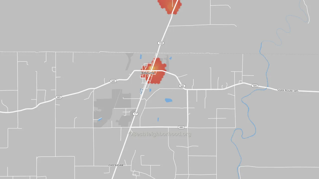 Walk Grade map of Kilbourne, LA, walkable areas in green and car-dependent areas in red