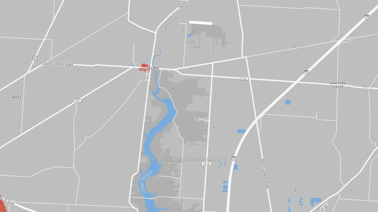 Walk Grade map of Kilbourne, OH, walkable areas in green and car-dependent areas in red