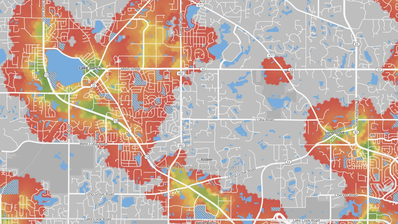 Walk Grade map of Kildeer, IL, walkable areas in green and car-dependent areas in red