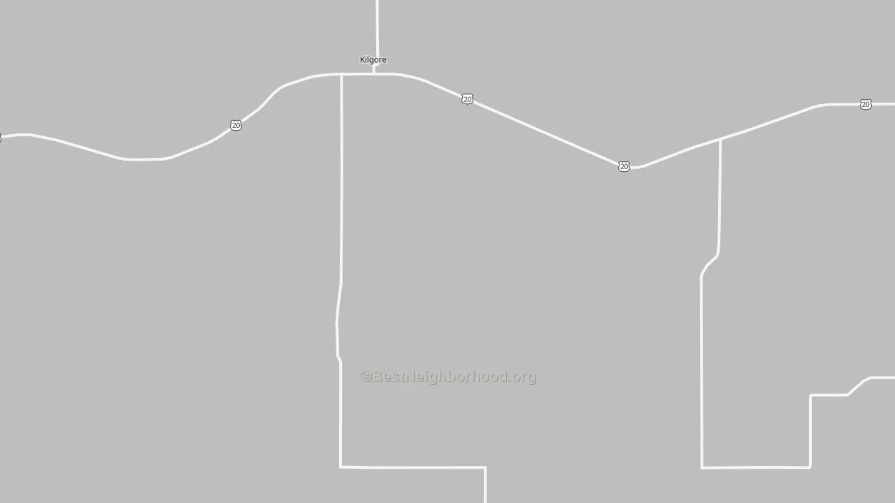 Walk Grade map of Kilgore, NE, walkable areas in green and car-dependent areas in red