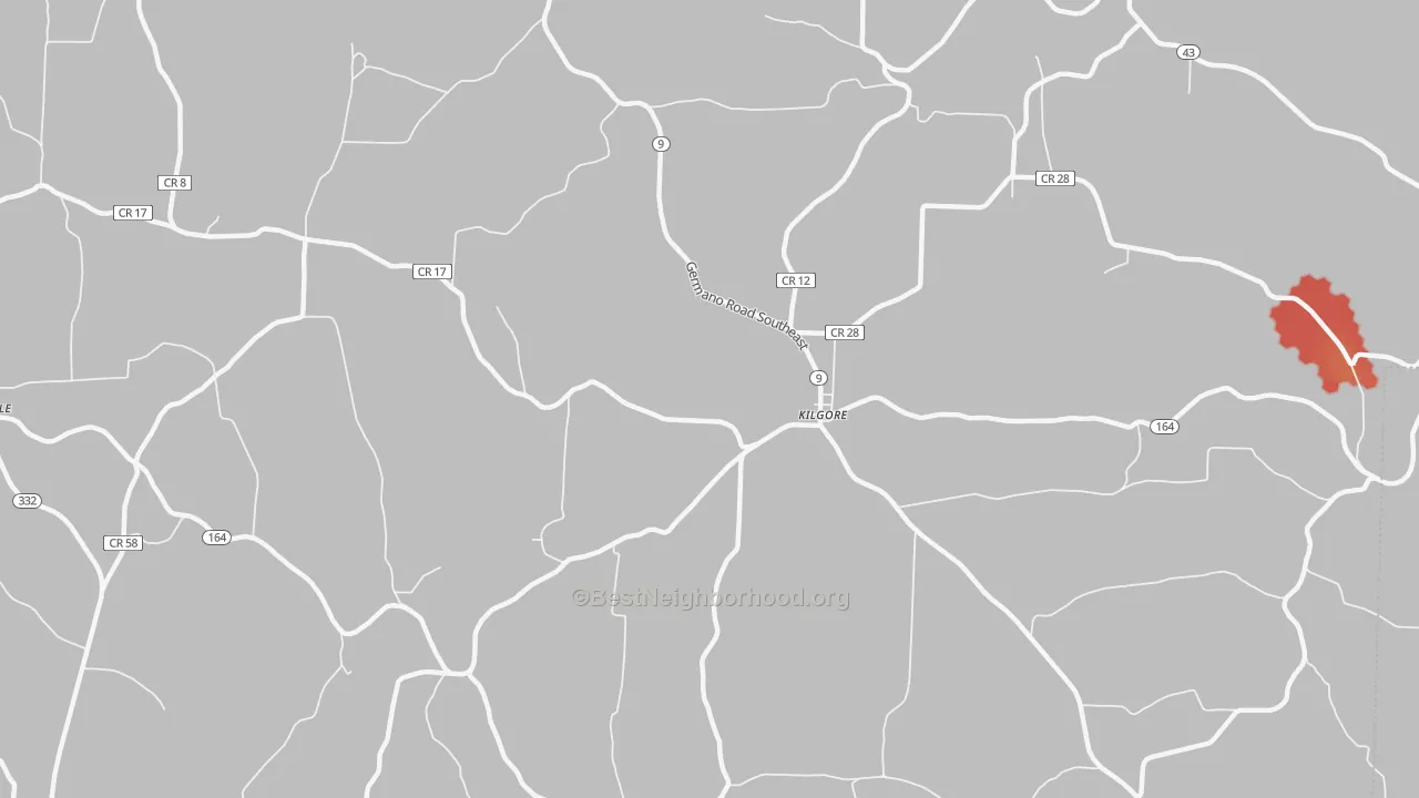 Walk Grade map of Kilgore, OH, walkable areas in green and car-dependent areas in red