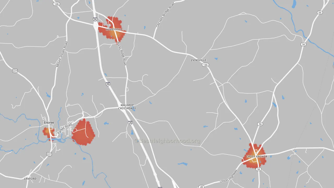 Walk Grade map of Kilgore, SC, walkable areas in green and car-dependent areas in red