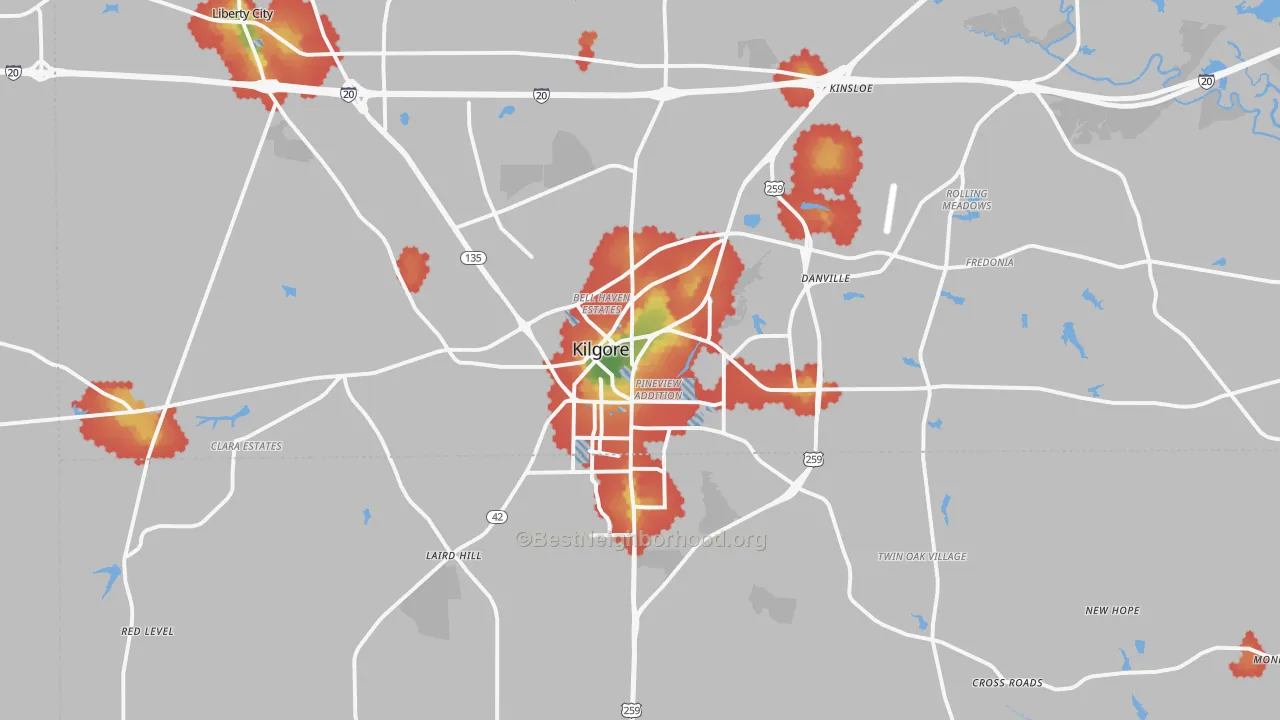 Walk Grade map of Kilgore, TX, walkable areas in green and car-dependent areas in red