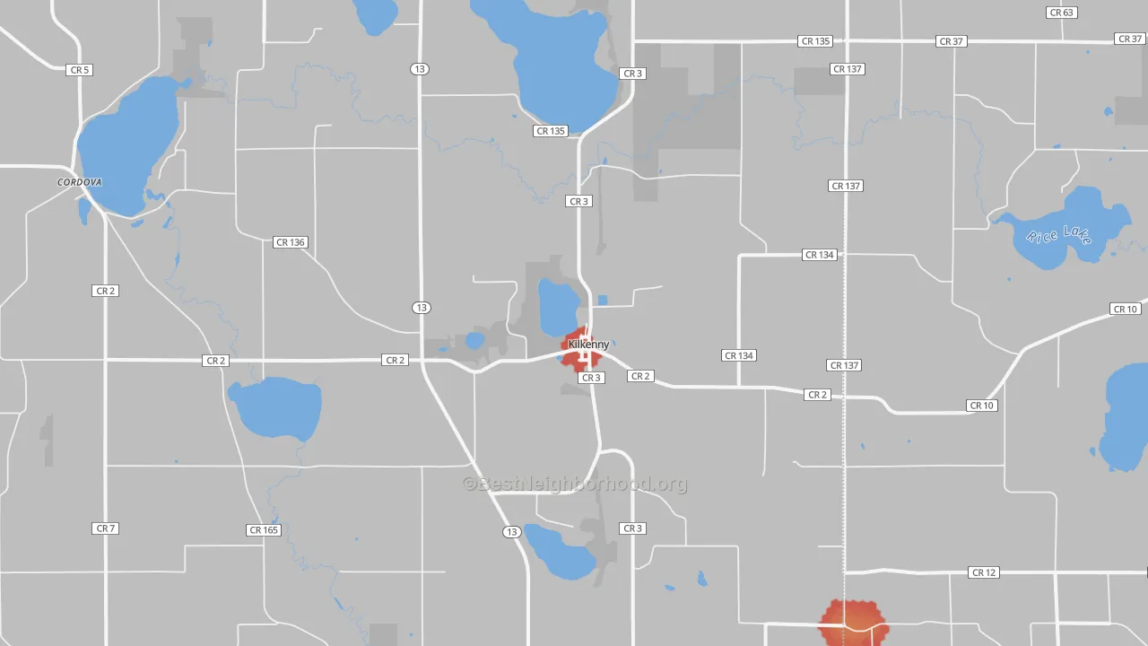 Walk Grade map of Kilkenny, MN, walkable areas in green and car-dependent areas in red