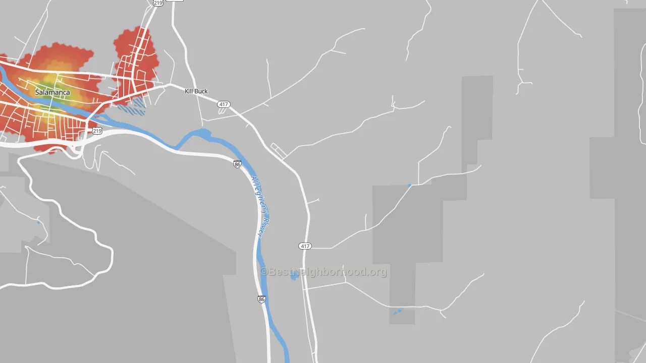 Walk Grade map of Kill Buck, NY, walkable areas in green and car-dependent areas in red