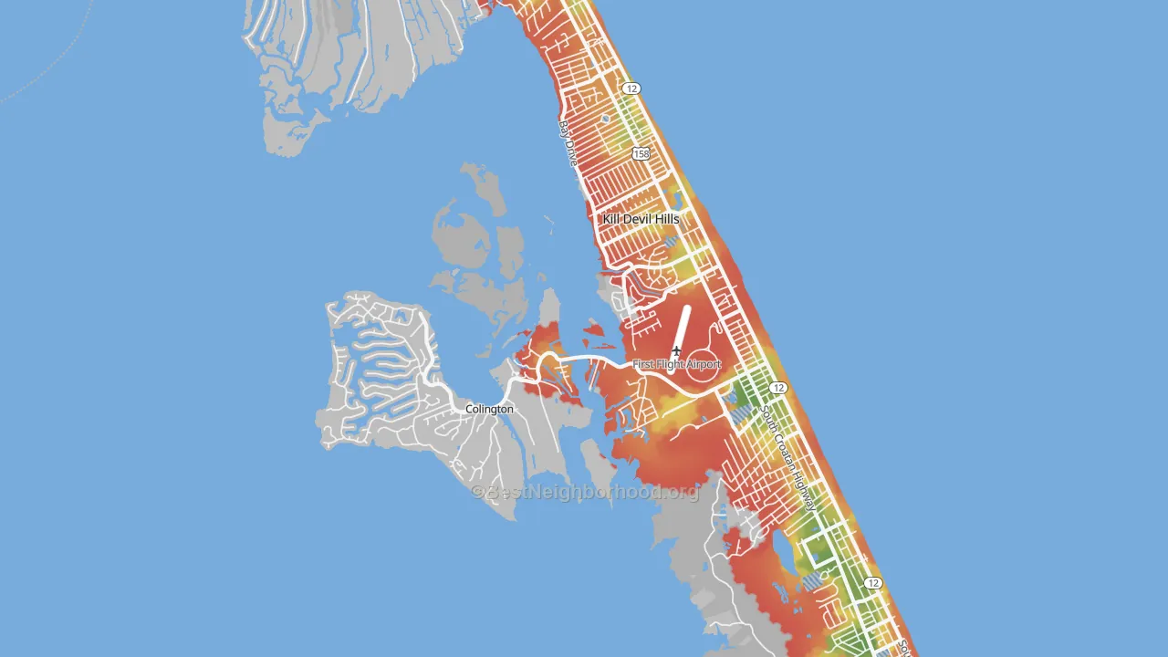 Walk Grade map of Kill Devil Hills, NC, walkable areas in green and car-dependent areas in red