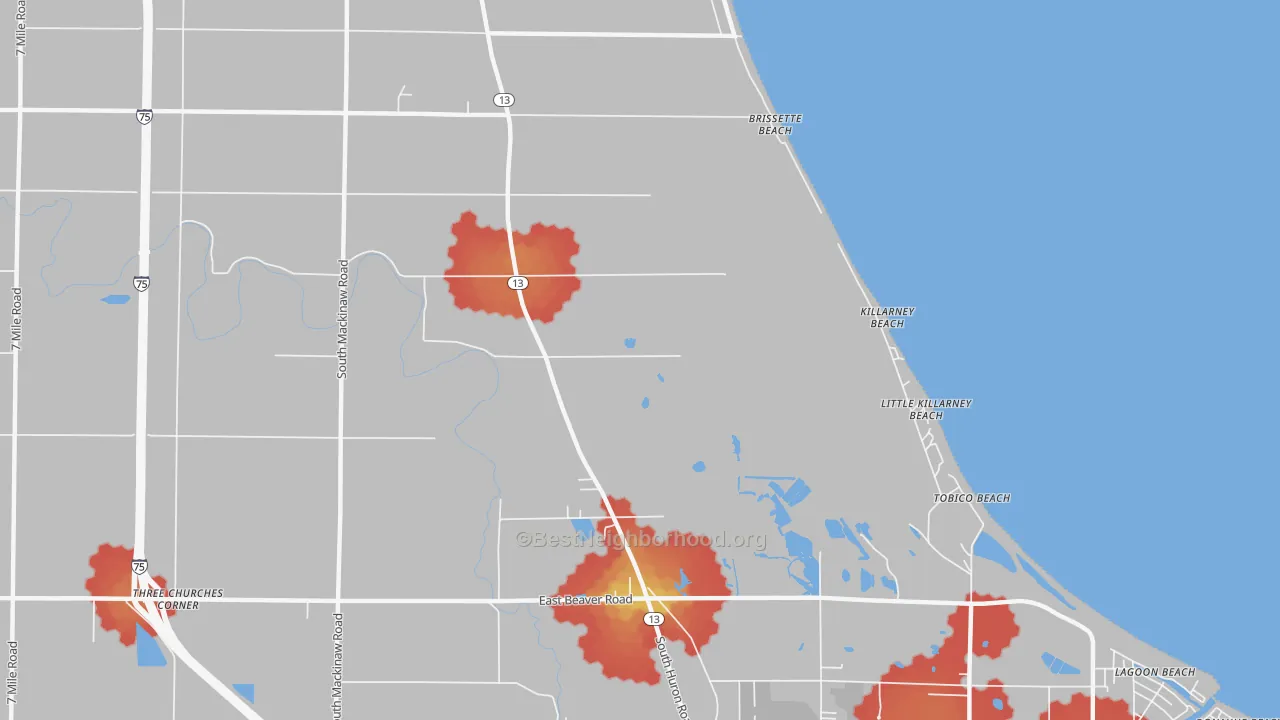 Walk Grade map of Killarney Beach, MI, walkable areas in green and car-dependent areas in red