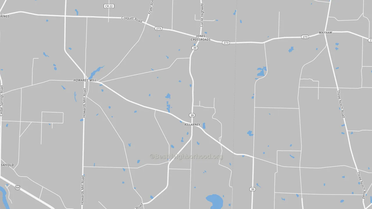 Walk Grade map of Killarney, GA, walkable areas in green and car-dependent areas in red