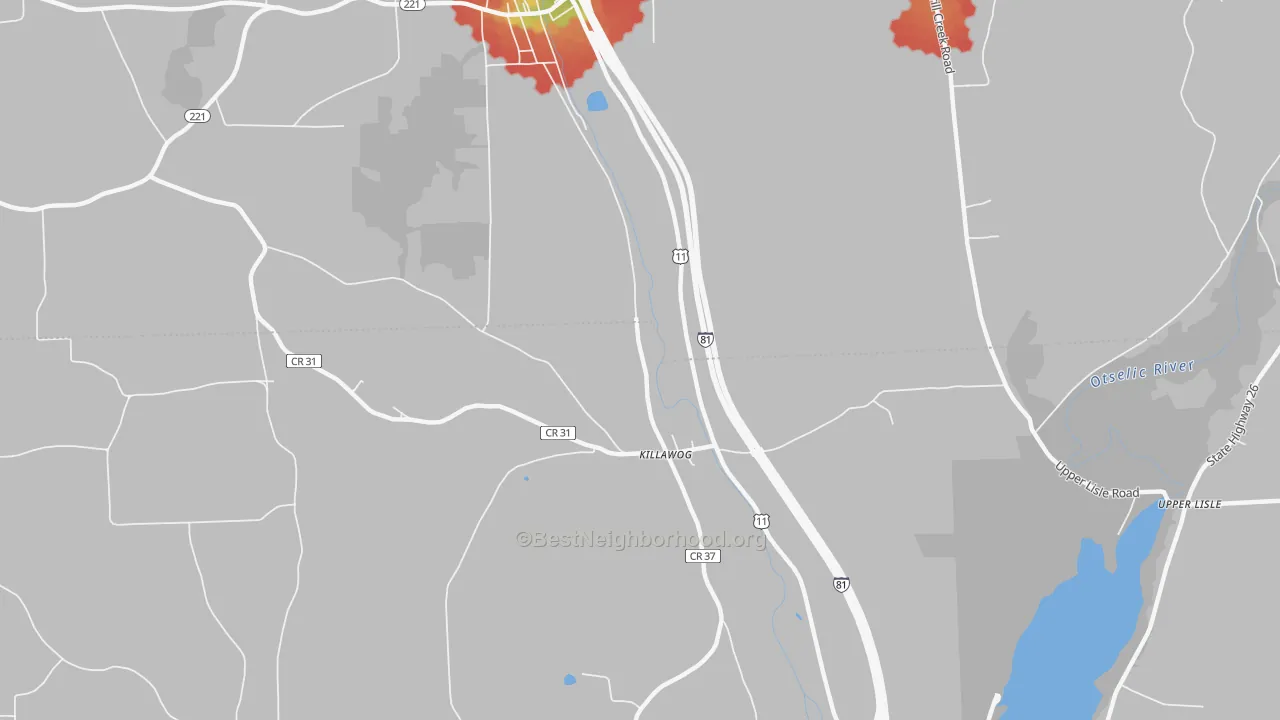 Walk Grade map of Killawog, NY, walkable areas in green and car-dependent areas in red