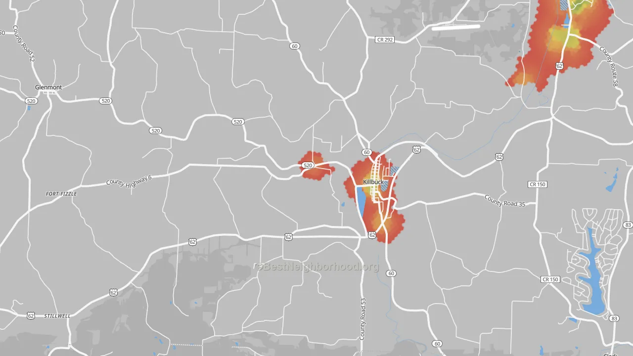 Walk Grade map of Killbuck, OH, walkable areas in green and car-dependent areas in red