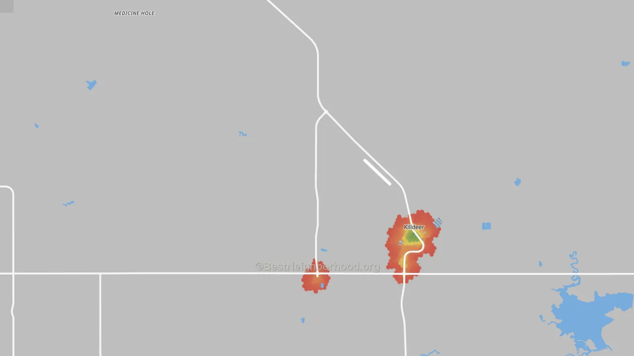 Walk Grade map of Killdeer, ND, walkable areas in green and car-dependent areas in red