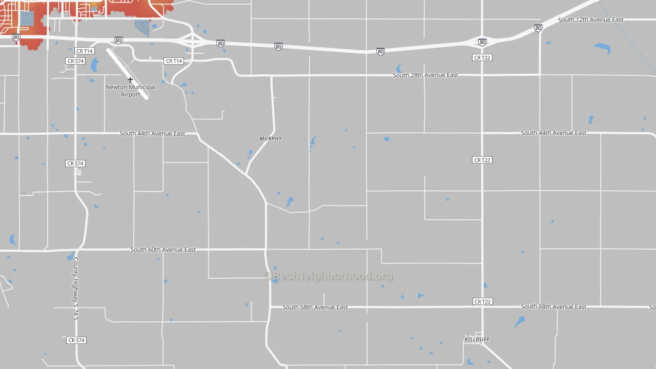 Walk Grade map of Killduff, IA, walkable areas in green and car-dependent areas in red