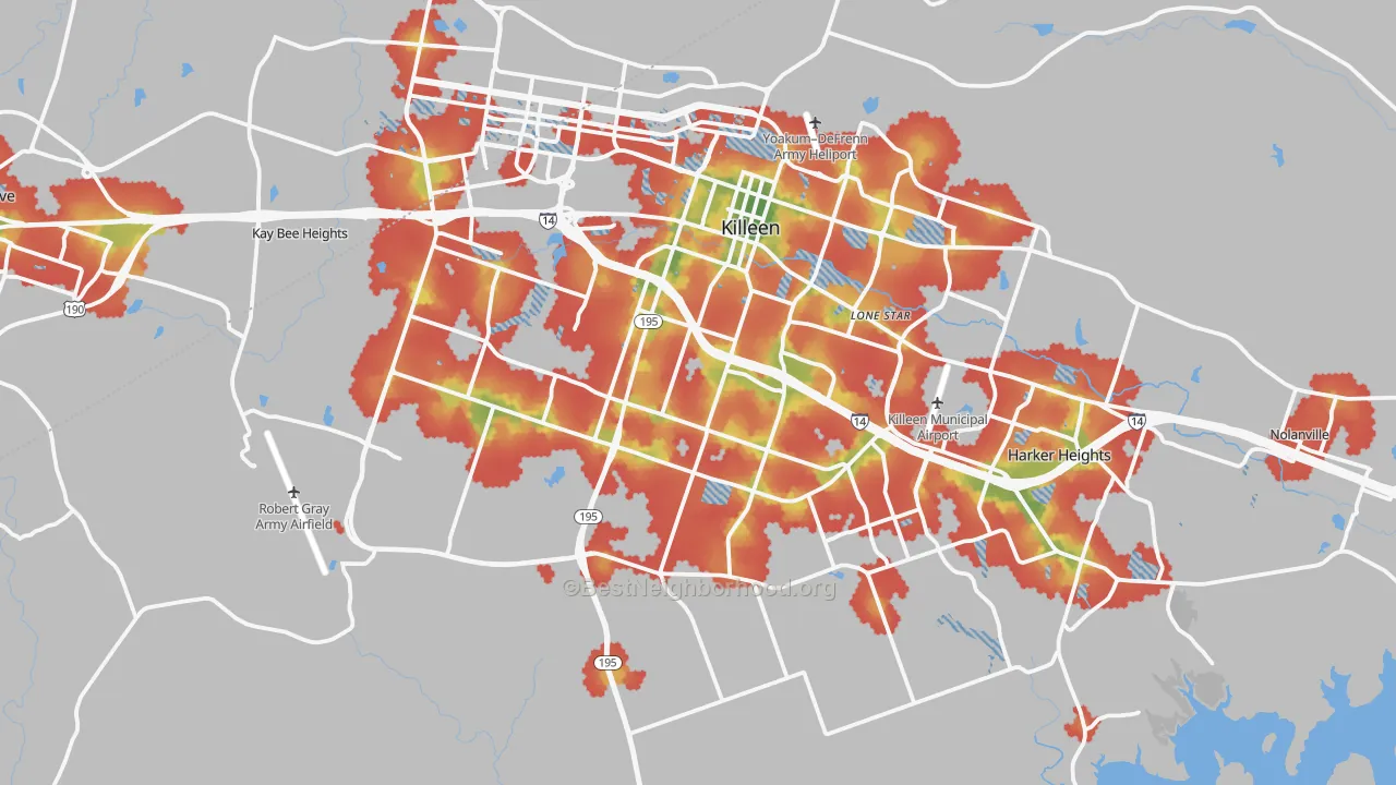 Walk Grade map of Killeen, TX, walkable areas in green and car-dependent areas in red