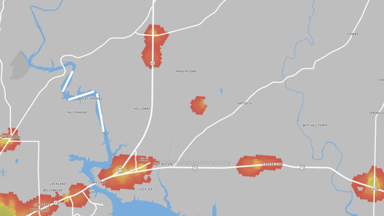 Walk Grade map of Killen, AL, walkable areas in green and car-dependent areas in red