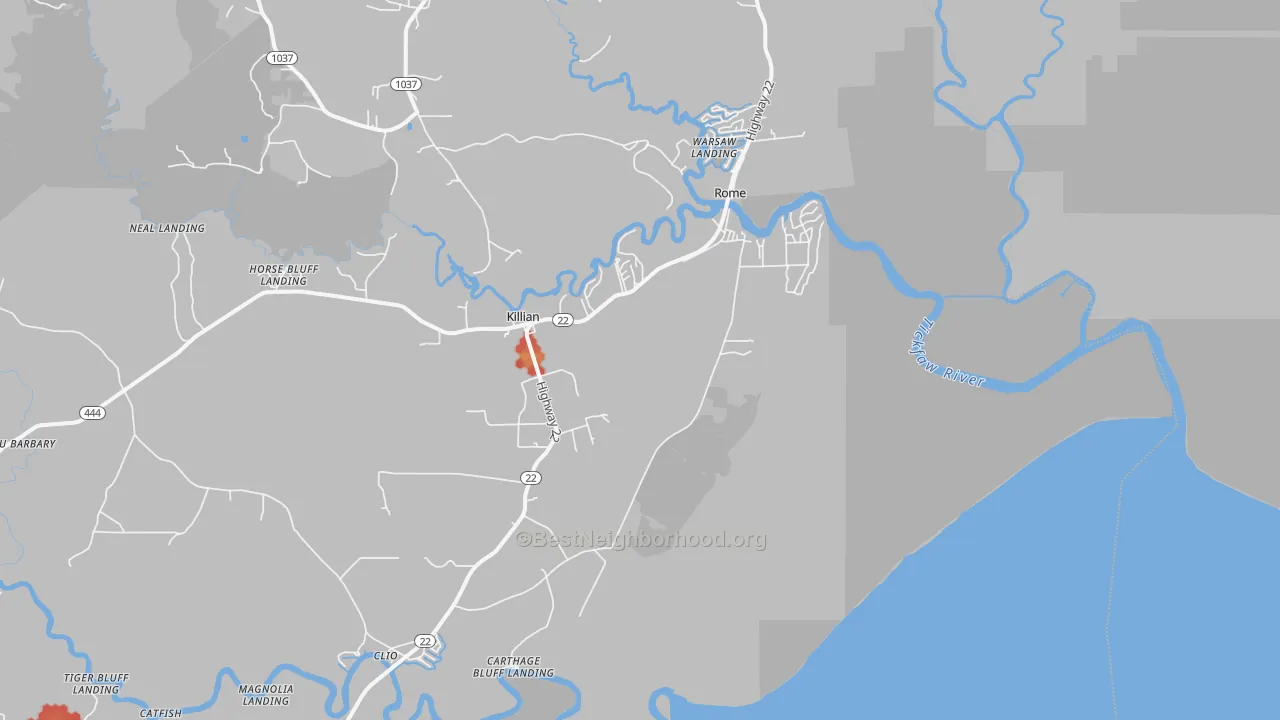 Walk Grade map of Killian, LA, walkable areas in green and car-dependent areas in red