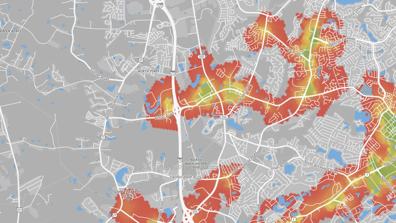 Walk Grade map of Killian, SC, walkable areas in green and car-dependent areas in red