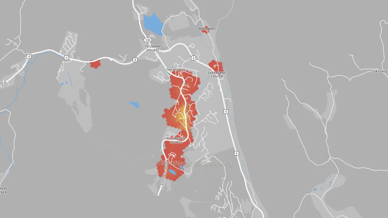 Walk Grade map of Killington, VT, walkable areas in green and car-dependent areas in red