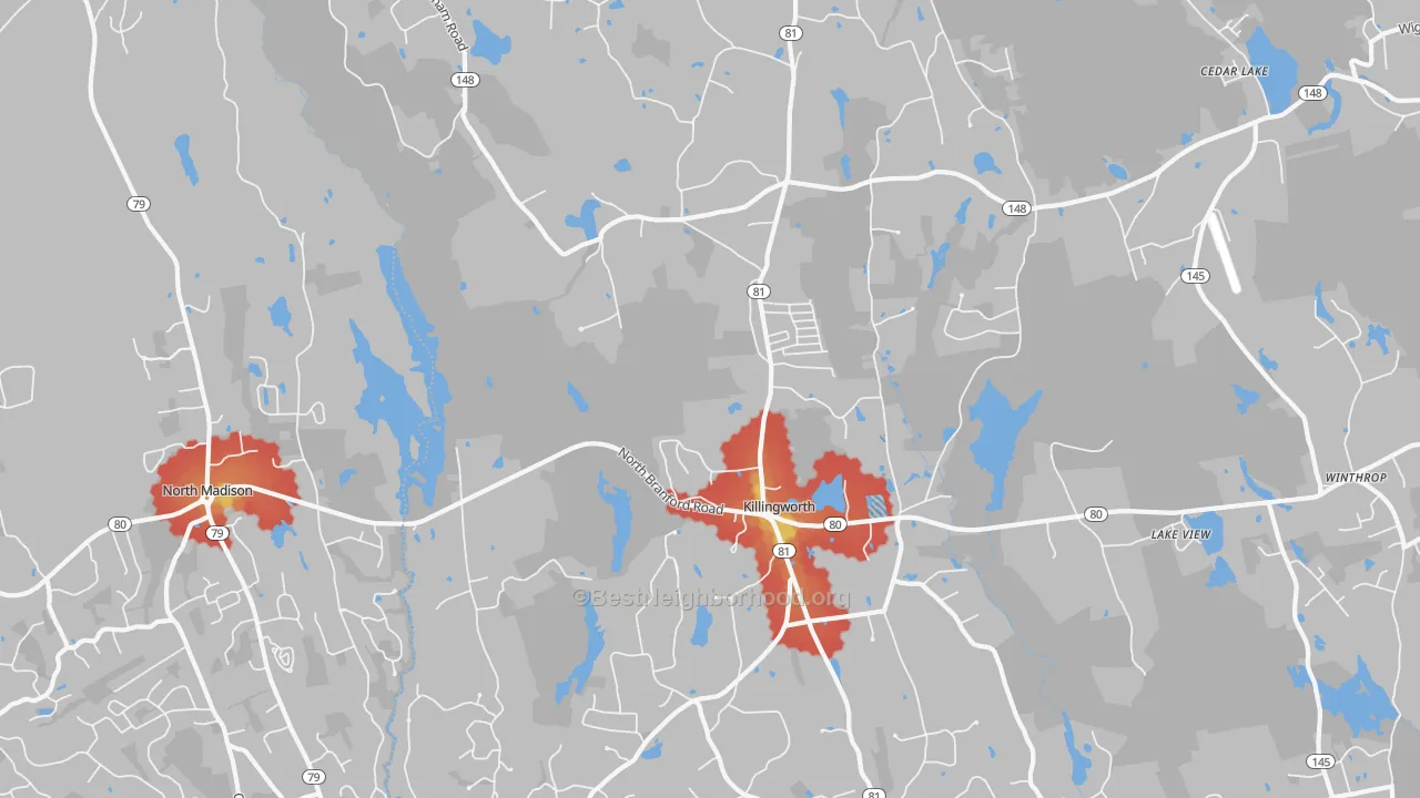 Walk Grade map of Killingworth, CT, walkable areas in green and car-dependent areas in red