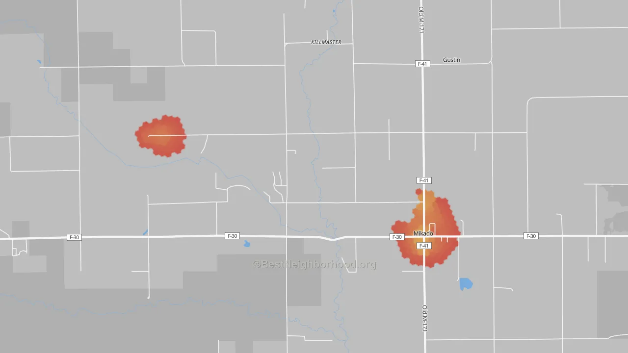 Walk Grade map of Killmaster, MI, walkable areas in green and car-dependent areas in red