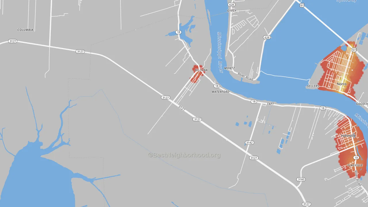 Walk Grade map of Killona, LA, walkable areas in green and car-dependent areas in red