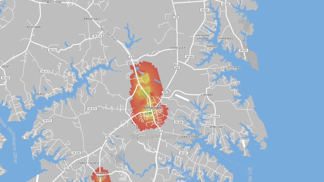 Walk Grade map of Kilmarnock, VA, walkable areas in green and car-dependent areas in red