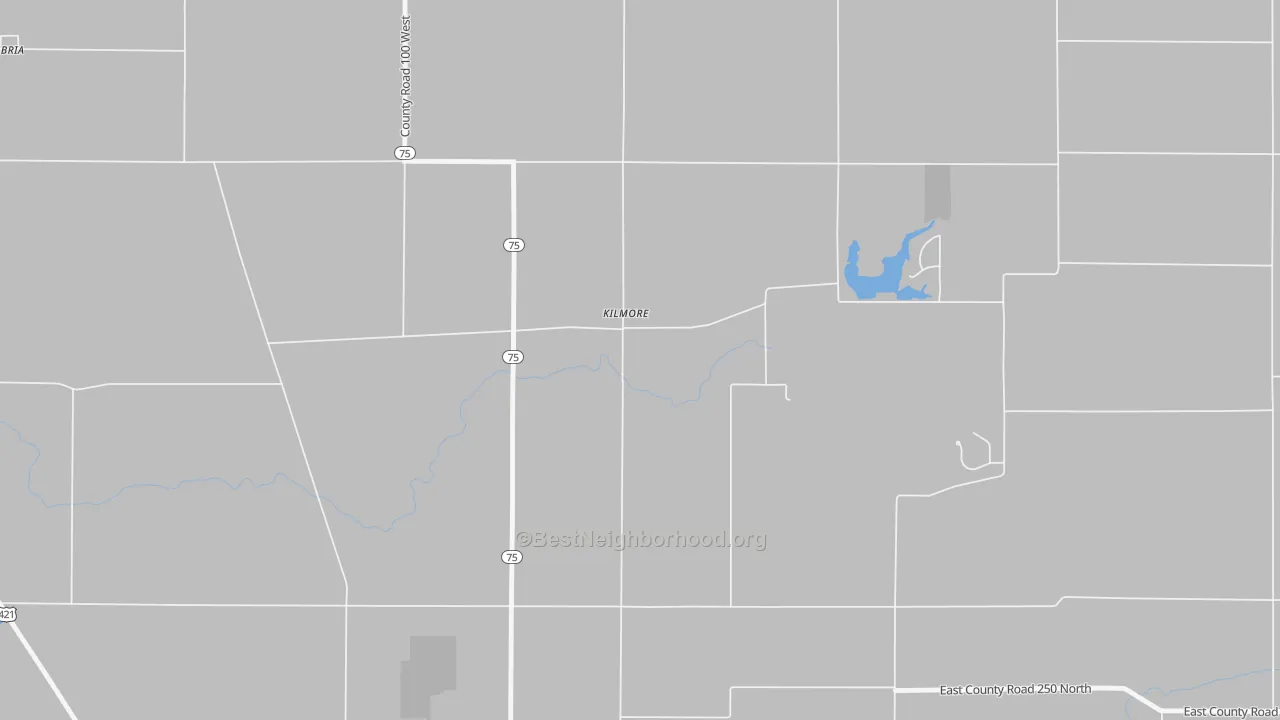Walk Grade map of Kilmore, IN, walkable areas in green and car-dependent areas in red