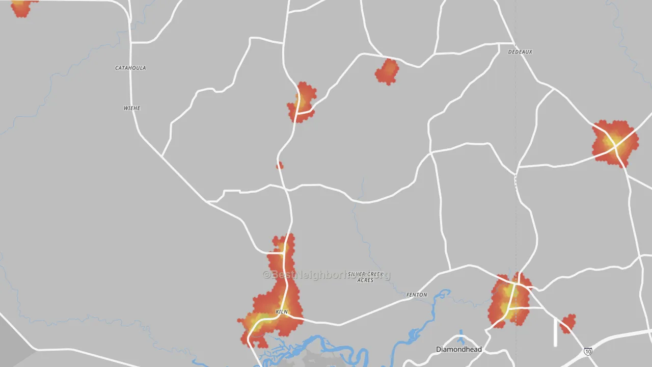 Walk Grade map of Kiln, MS, walkable areas in green and car-dependent areas in red