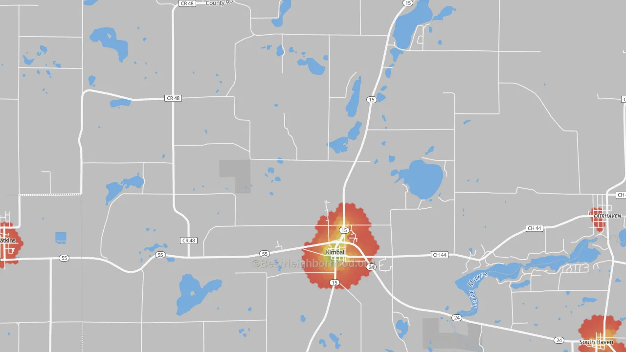 Walk Grade map of Kimball, MN, walkable areas in green and car-dependent areas in red