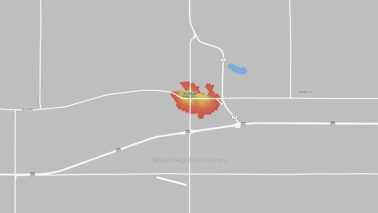 Walk Grade map of Kimball, NE, walkable areas in green and car-dependent areas in red