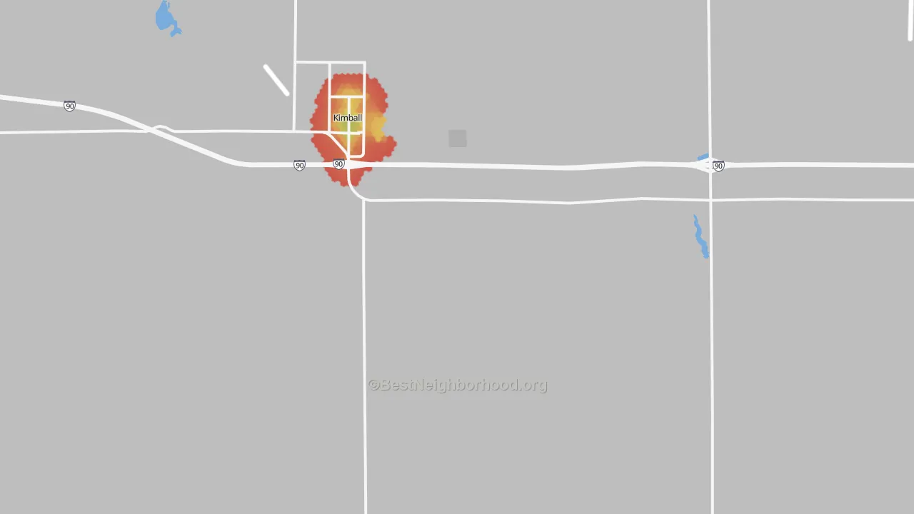 Walk Grade map of Kimball, SD, walkable areas in green and car-dependent areas in red