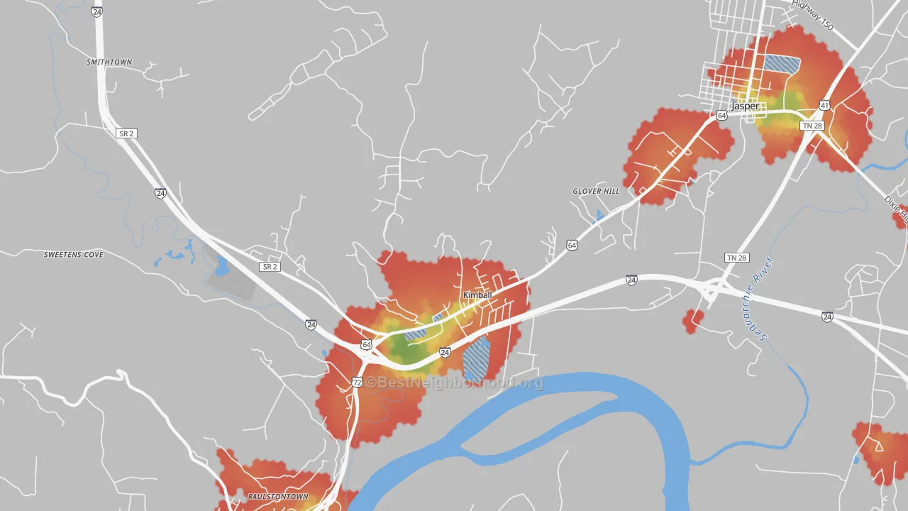 Walk Grade map of Kimball, TN, walkable areas in green and car-dependent areas in red