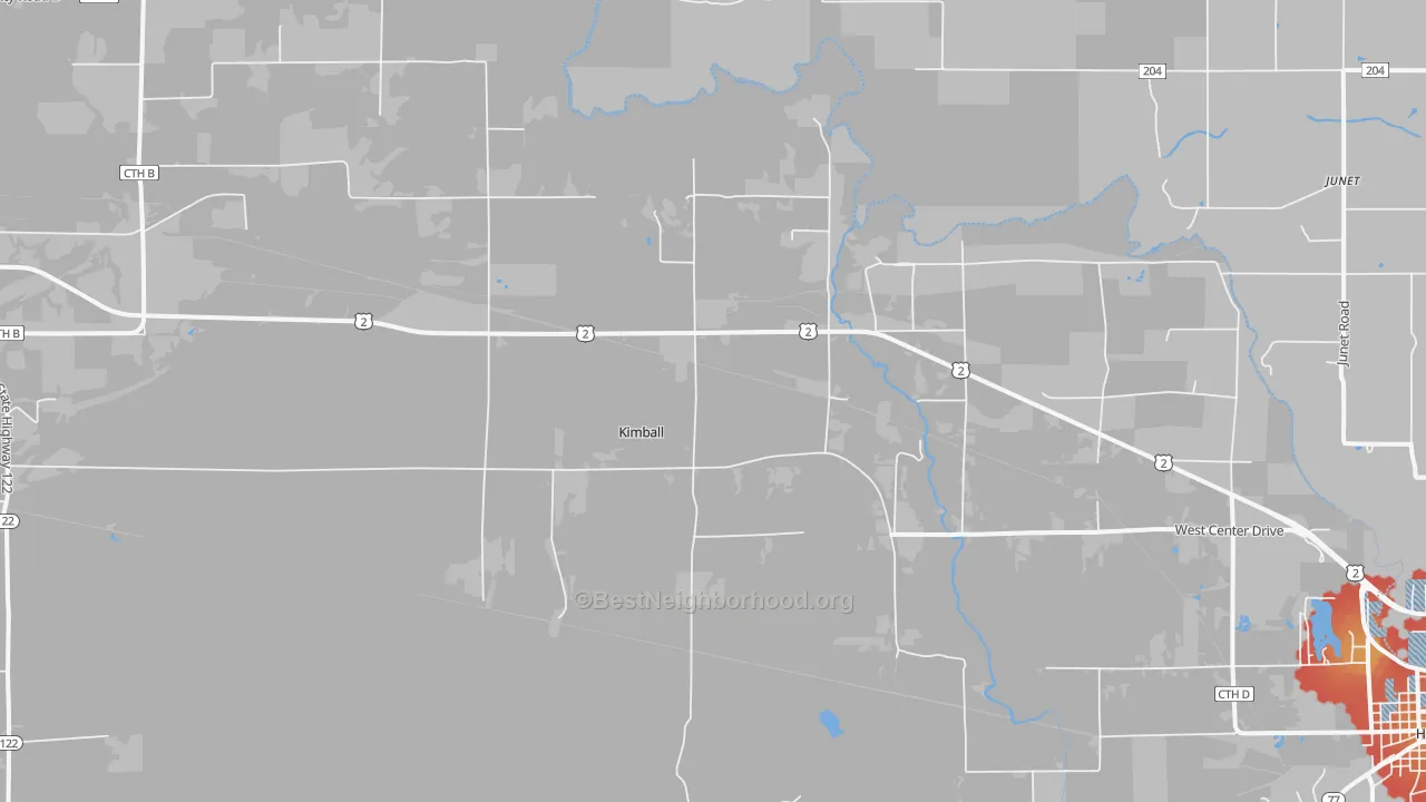 Walk Grade map of Kimball, WI, walkable areas in green and car-dependent areas in red