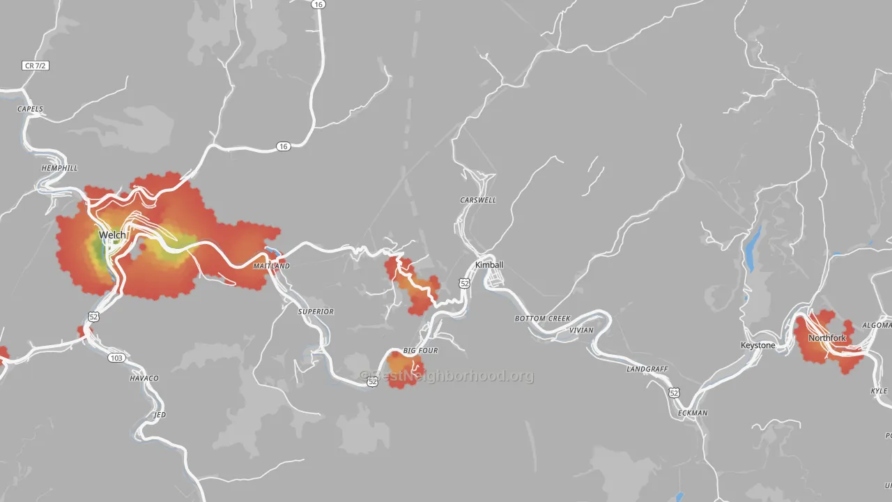 Walk Grade map of Kimball, WV, walkable areas in green and car-dependent areas in red