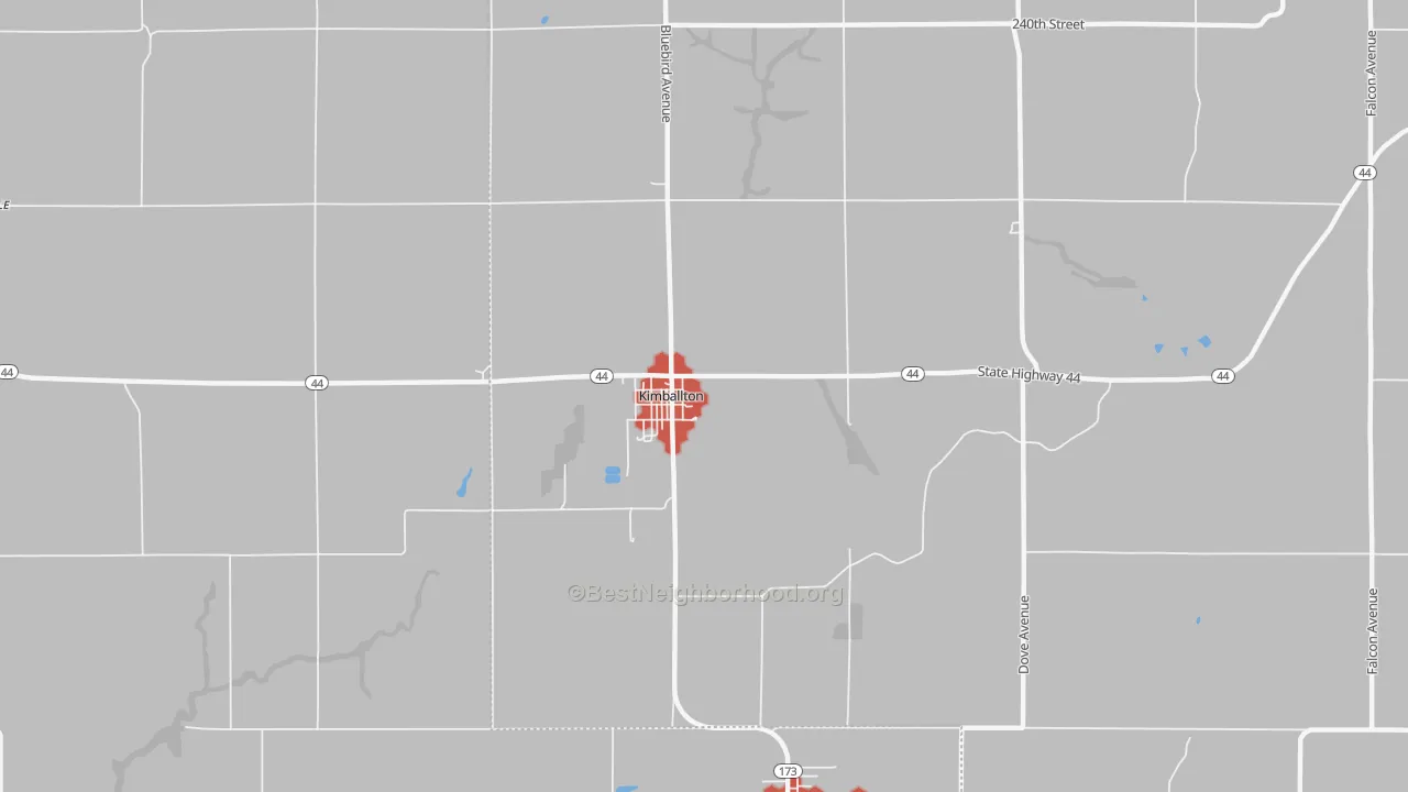 Walk Grade map of Kimballton, IA, walkable areas in green and car-dependent areas in red