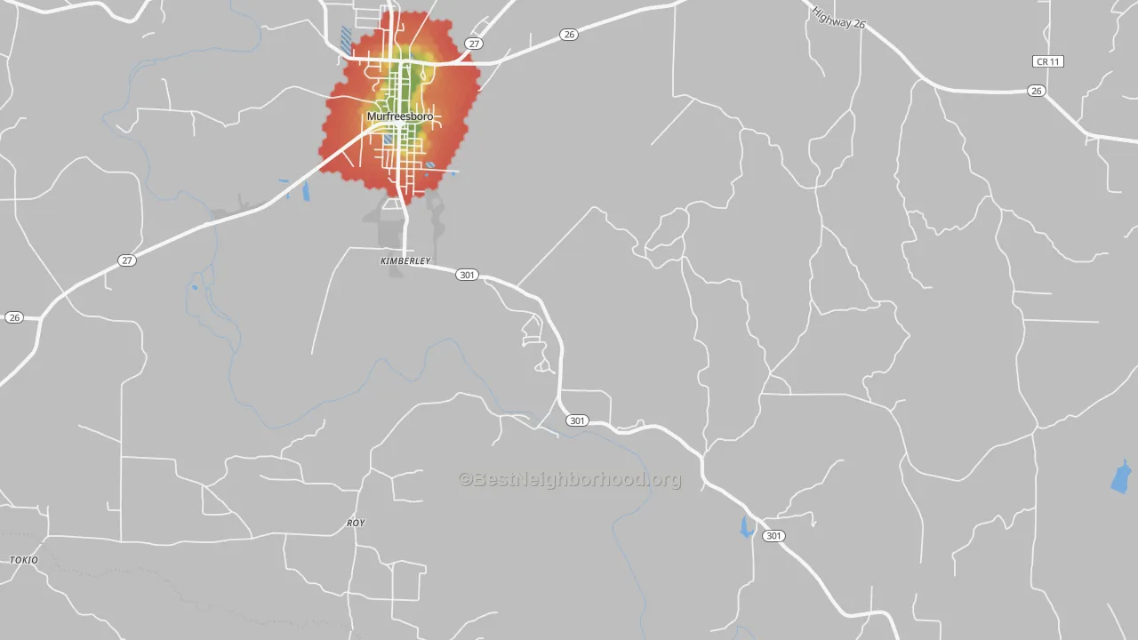 Walk Grade map of Kimberley, AR, walkable areas in green and car-dependent areas in red