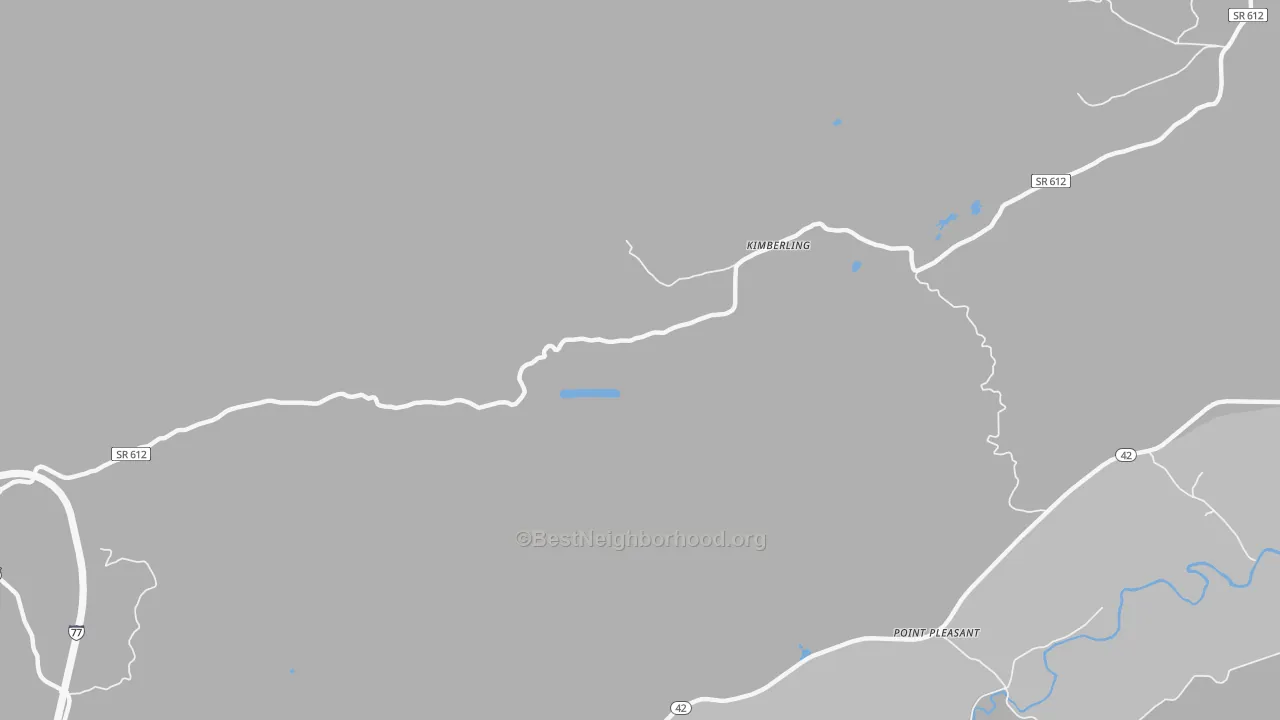 Walk Grade map of Kimberling, VA, walkable areas in green and car-dependent areas in red